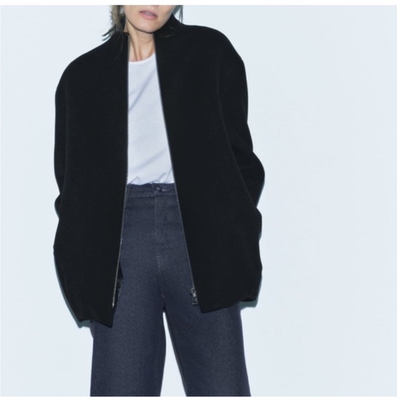 NWT ZARA BLACK MANTECO WOOL BOMBER COAT ZW COLLECTION SIZE MEDIUM - Picture 1 of 16